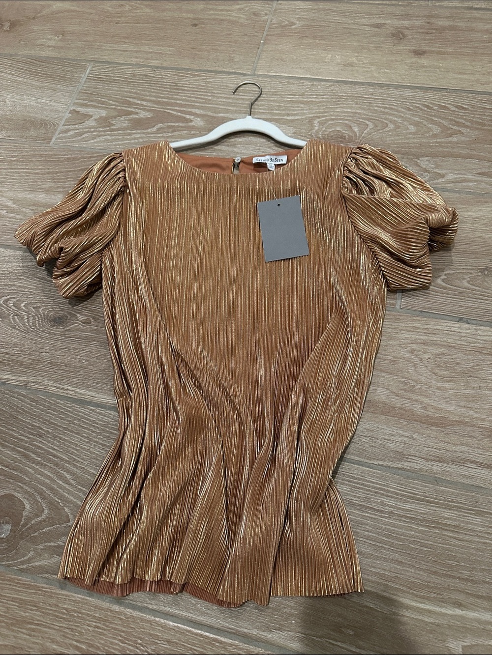 Pleated Metallic Puff-Sleeve Dress in Copper